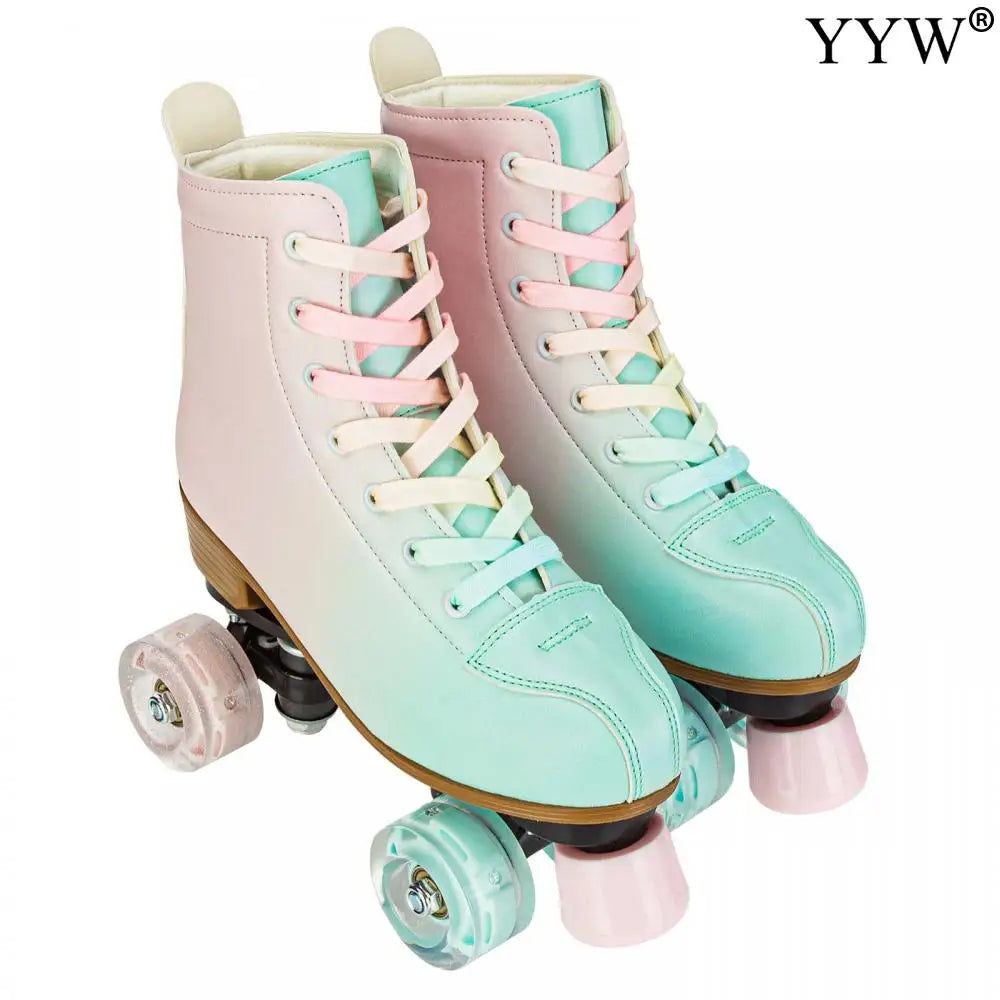 2024 PU Leather Flashing 4 Wheels Roller Skates For Women Double Row Skate Shoes Beginner Quad Sneaker Skating Ice Rink Training