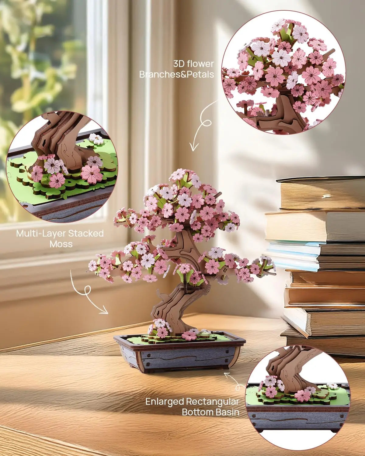Robotime Rolife 3D Wooden Sakura Bonsai Puzzle Easy Assembly Evergreen Pine Bonsai Kit Christmas Gift for Family Home Decoration