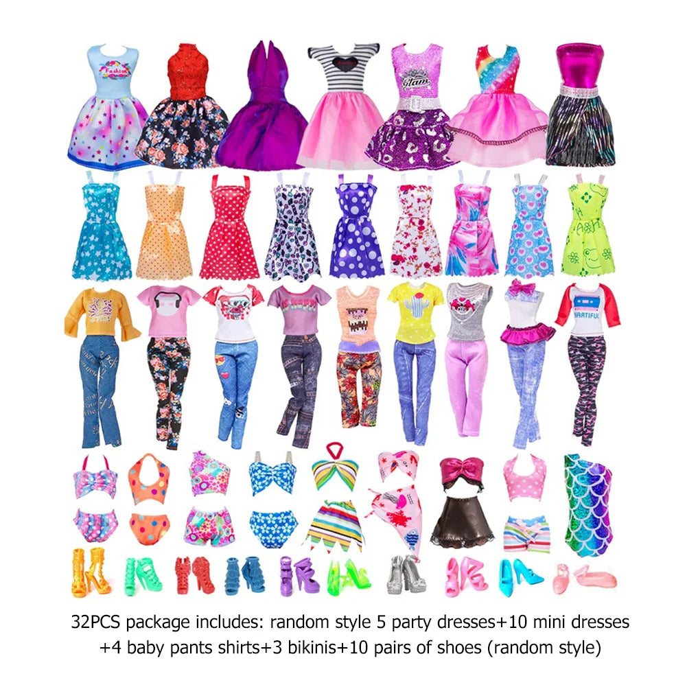 32pcs Doll Clothes Set Polyester Doll Fashion Clothes Props Fairy Collection Clothes Random Style for Girls Gift Accessories