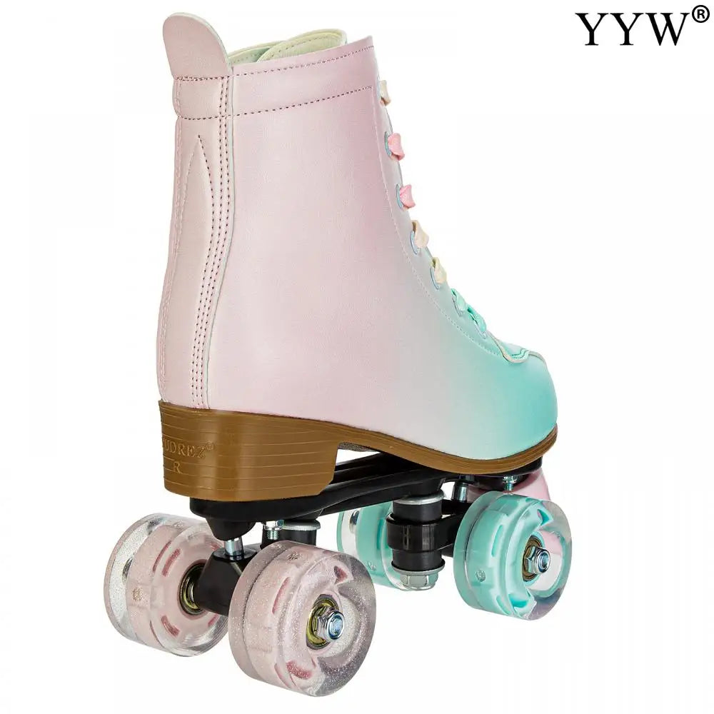 2024 PU Leather Flashing 4 Wheels Roller Skates For Women Double Row Skate Shoes Beginner Quad Sneaker Skating Ice Rink Training