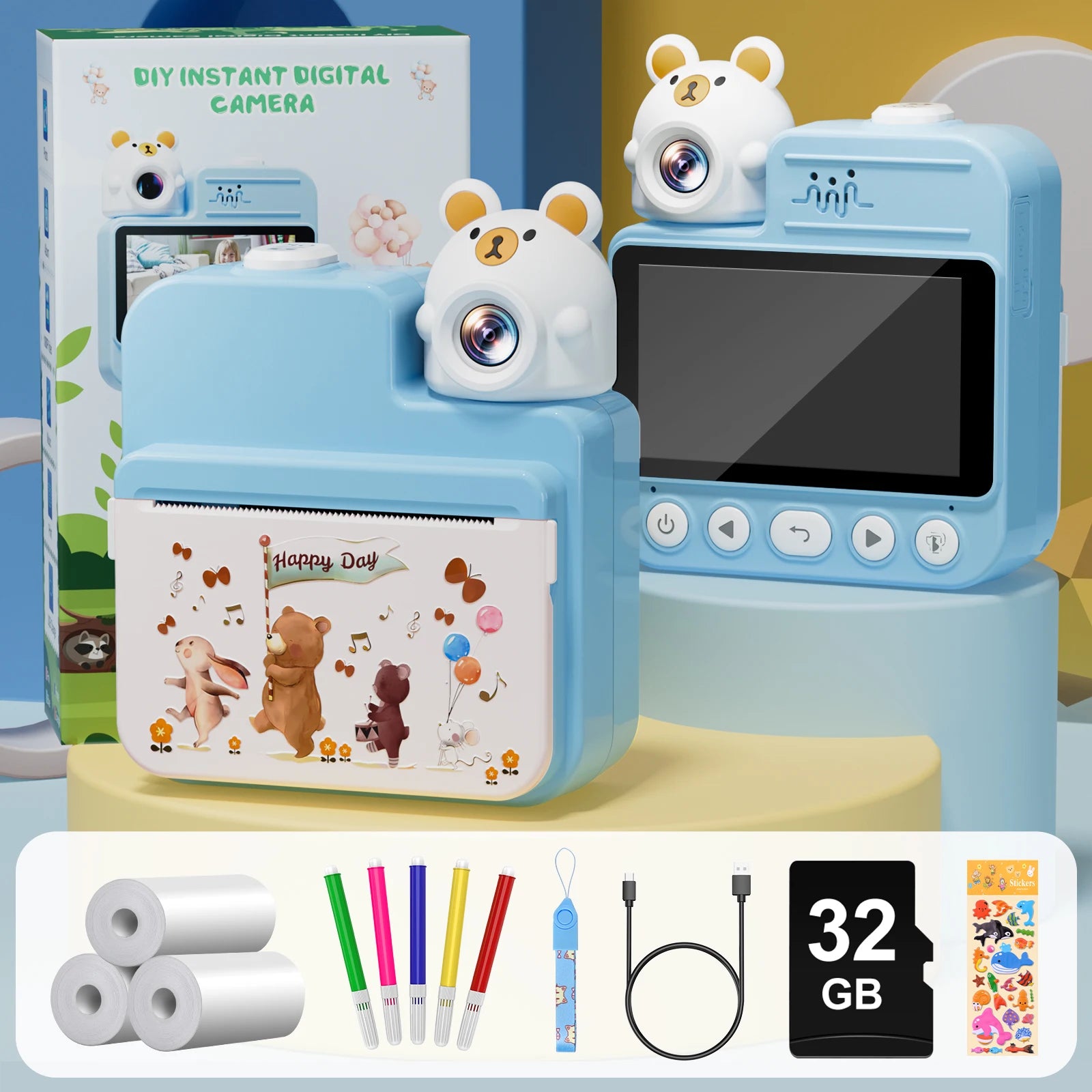 Gofunly 3.0'' Kids Instant Camera with 32G Card & 3 Print Paper, 1080P HD Kids Camera Instant Print for 6-12 Years