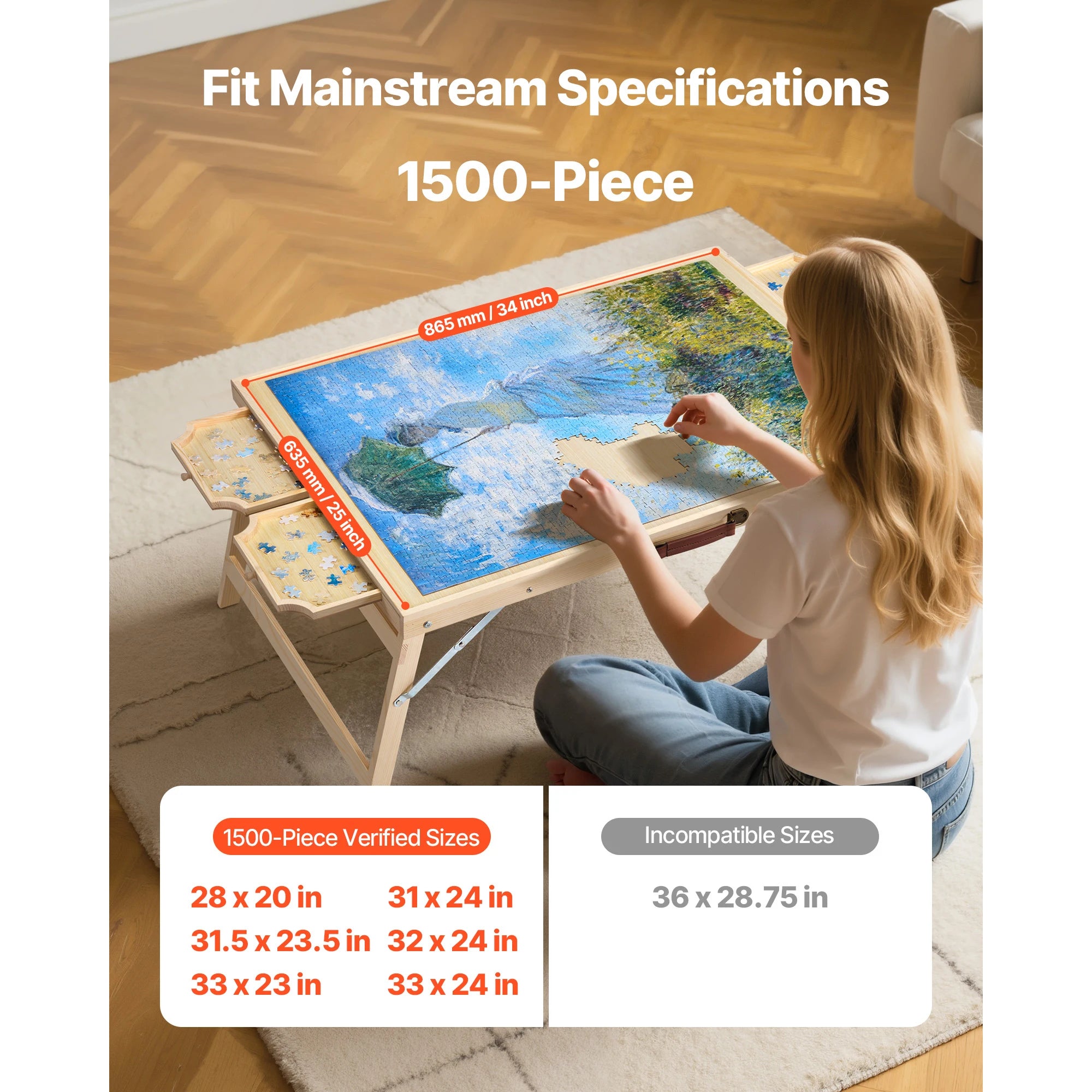 SucceBuy 1500 Piece Puzzle Table with Folding Legs 4 Drawers & Cover Portable Wooden Board Jigsaw Puzzle Accessories for Adults