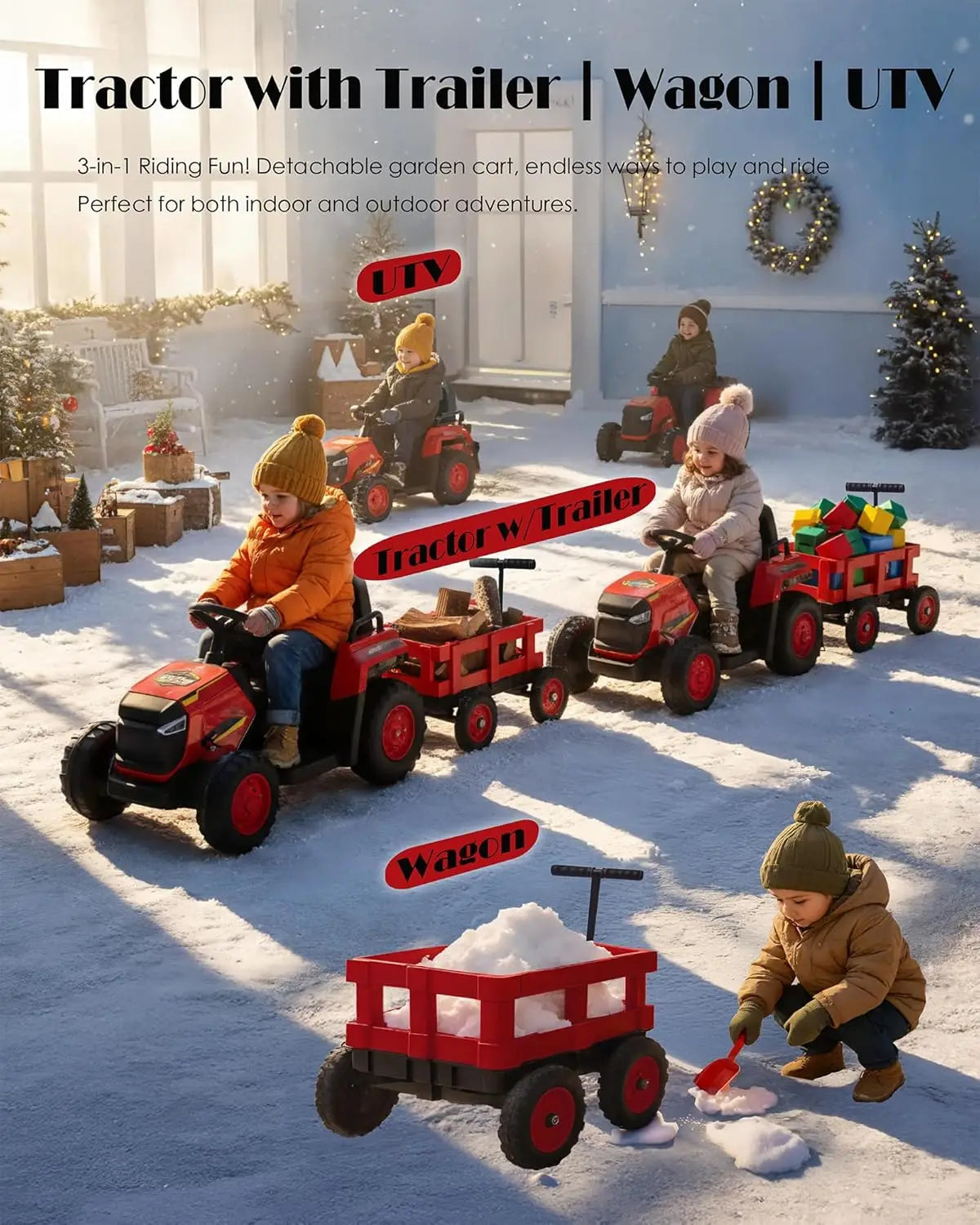 Toddlers Ride on Tractor with Detachable Garden Cart, 12V Electric Kids’ Vehicle with Trailer,Battery-Powered 8-Wheel,Ages 3–8Y