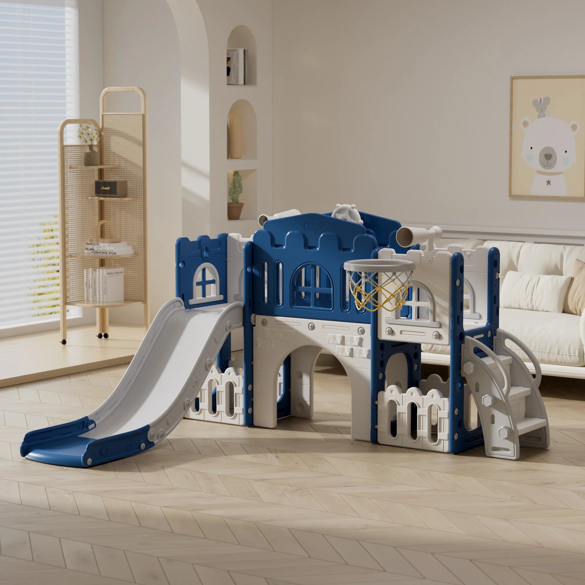 8 in 1 Toddler Slide Indoor Playground, Indoor Slide Toddler Playset for Toddlers  Kids Outdoor Playground with Basketball Hoop,