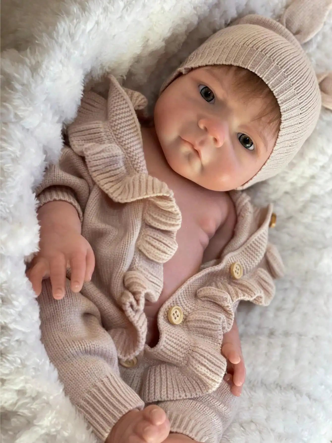 Saskia 18 Inch Solid Silicone Reborn Doll Handmade 3D Artist Painted Vivid Newborn Rooted Hair Girl With Rabbit Hat Collectible
