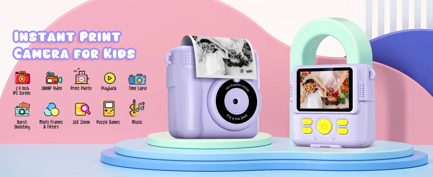 Gofunly Children's Instant Print Camera Thermal Printing Digital Camera 2.4" 1080P Camera Toy For 6-12 Years