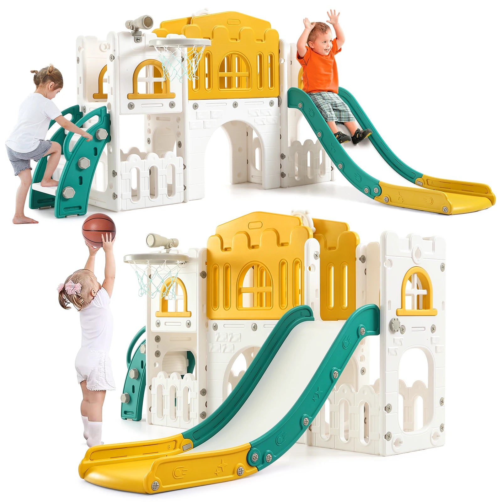 8 in 1 Toddler Slide Indoor Playground, Indoor Slide Toddler Playset for Toddlers  Kids Outdoor Playground with Basketball Hoop,