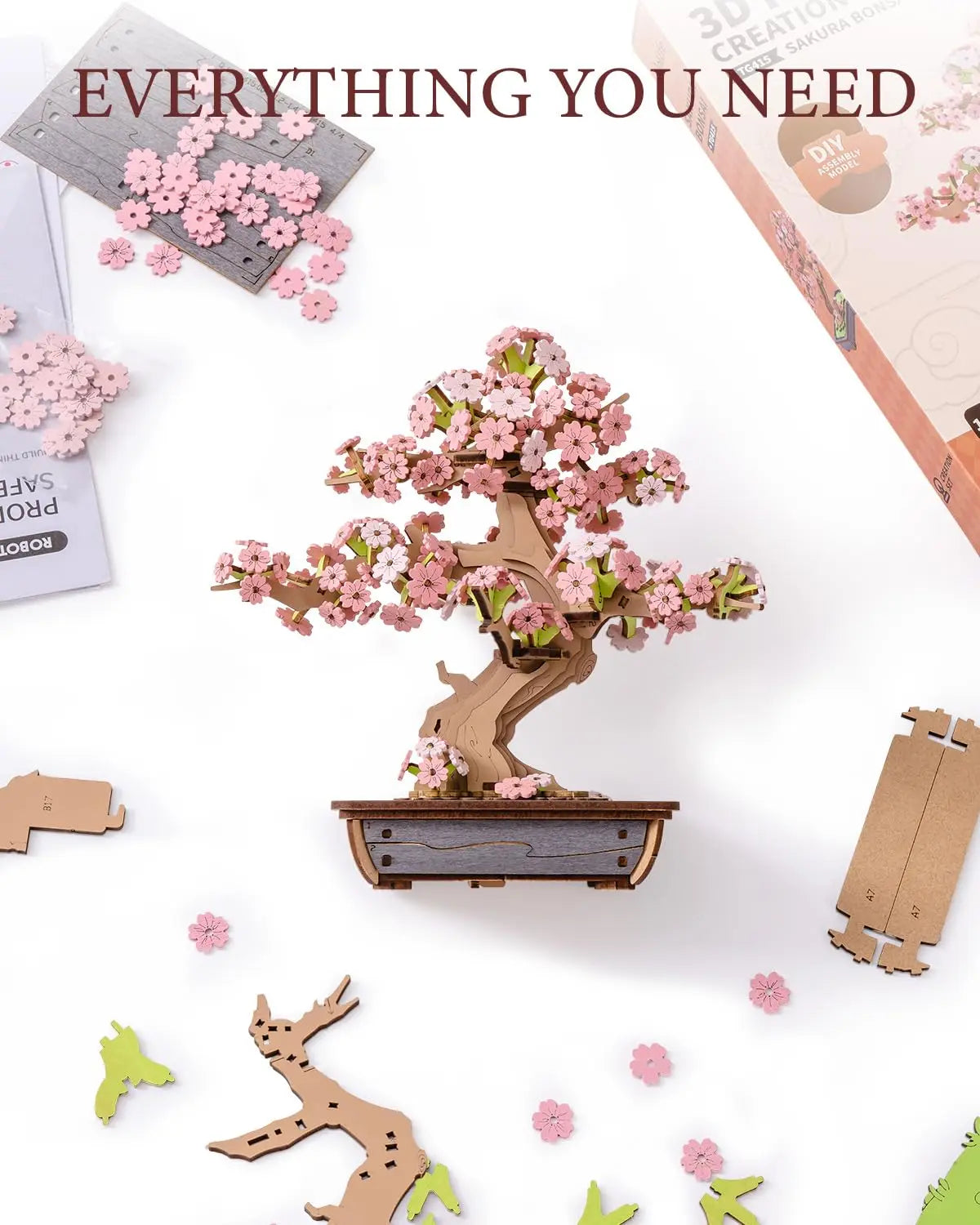Robotime Rolife 3D Wooden Sakura Bonsai Puzzle Easy Assembly Evergreen Pine Bonsai Kit Christmas Gift for Family Home Decoration