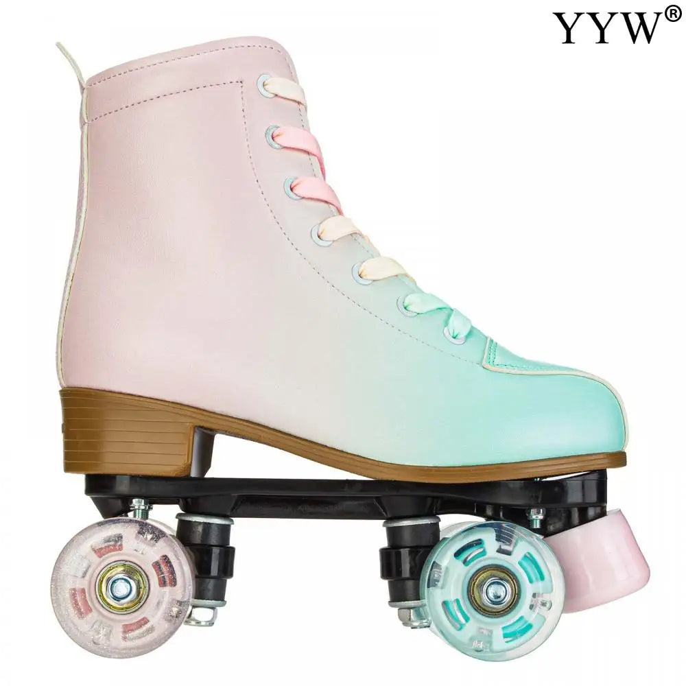 2024 PU Leather Flashing 4 Wheels Roller Skates For Women Double Row Skate Shoes Beginner Quad Sneaker Skating Ice Rink Training