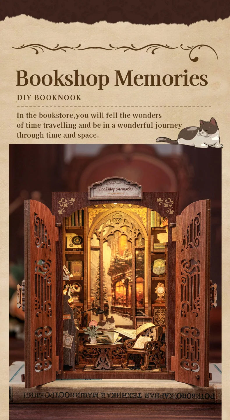 CUTEBEE DIY Book Nook Kit Miniature Dollhouse with Light Wooden Bookshelf Insert Retro Booknook Decor for Gifts Bookshop Series