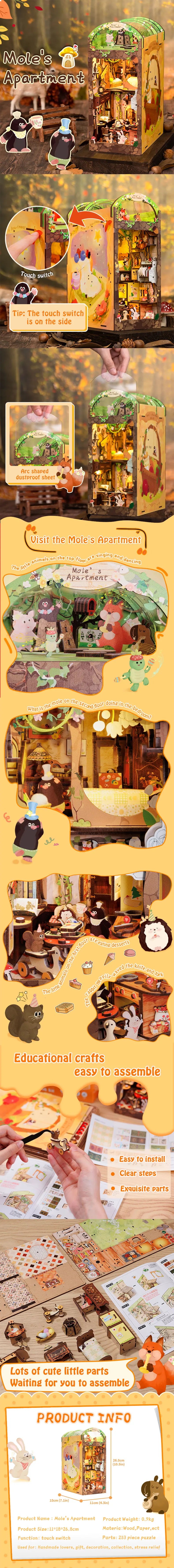 CUTEBEE Wooden Dollhouse Kit Miniature Doll House Kits Booknook Bookshelf Book Nook with Dust Cover Bookends Christmas Gift