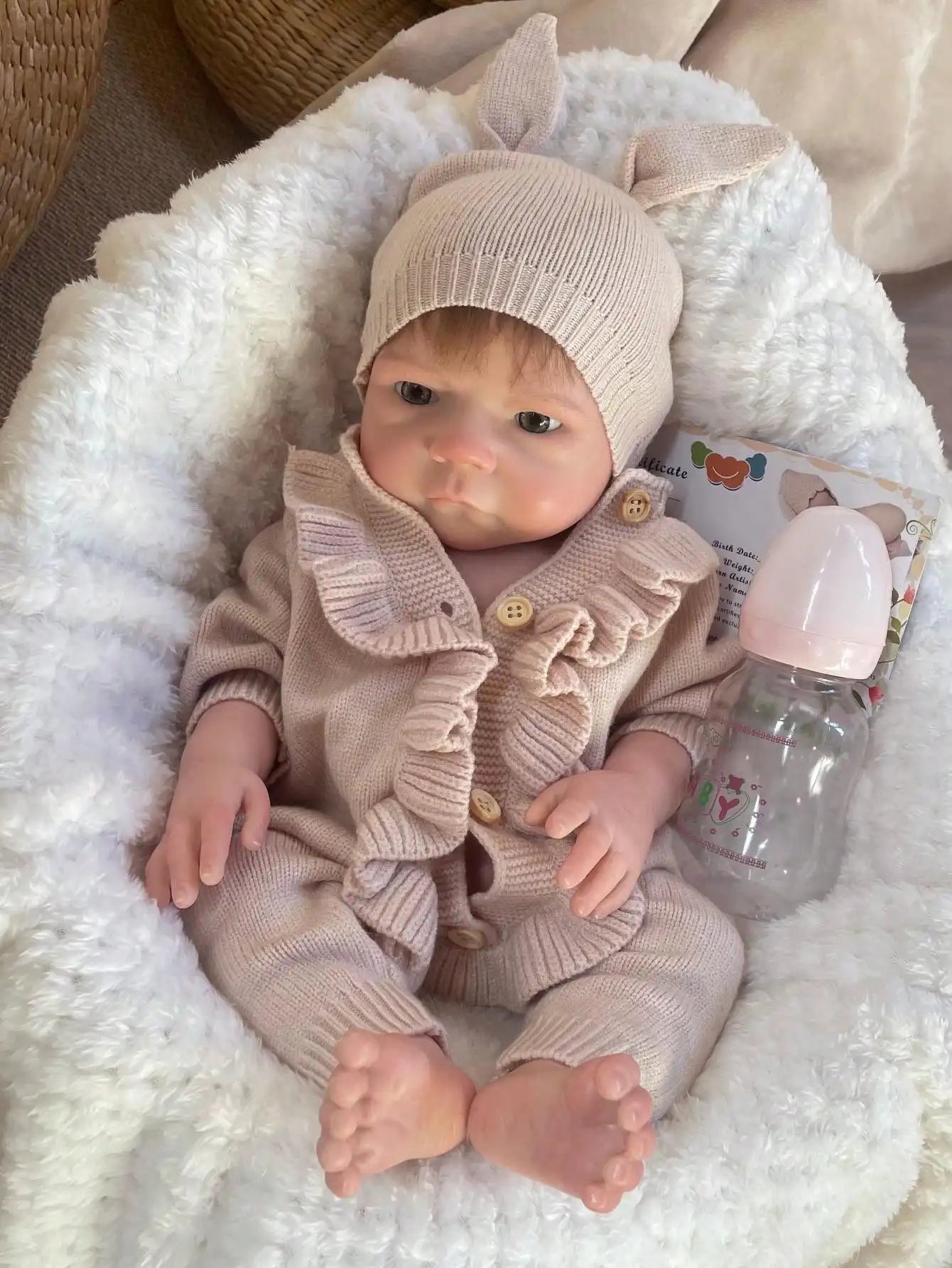 Saskia 18 Inch Solid Silicone Reborn Doll Handmade 3D Artist Painted Vivid Newborn Rooted Hair Girl With Rabbit Hat Collectible