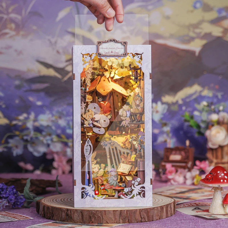 CUTEBEE Wooden 3D Puzzle DIY Book Nook Kit Miniature Dollhouse with Light Dust Cover Bookshelf Insert for Child Birthday Gift