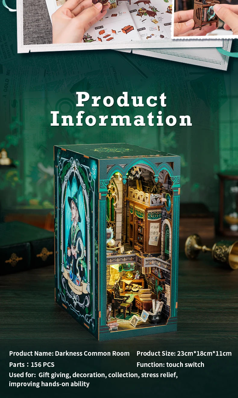 CUTEBEE Wooden 3D Puzzle DIY Book Nook Kit Miniature Dollhouse with Light Dust Cover Bookshelf Insert for Child Birthday Gift