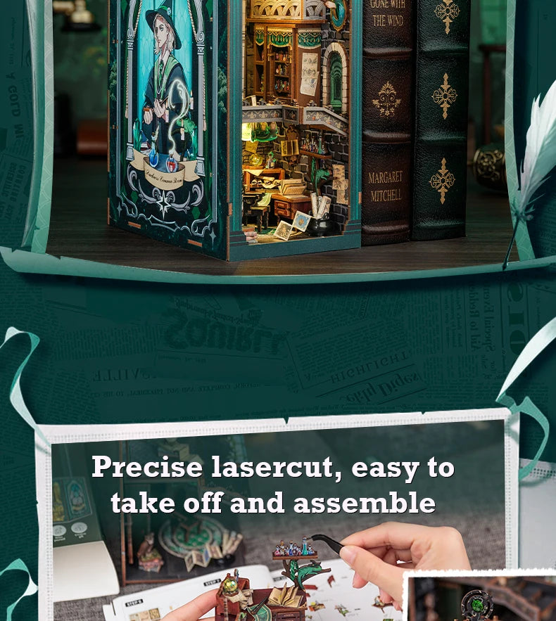 CUTEBEE Wooden 3D Puzzle DIY Book Nook Kit Miniature Dollhouse with Light Dust Cover Bookshelf Insert for Child Birthday Gift