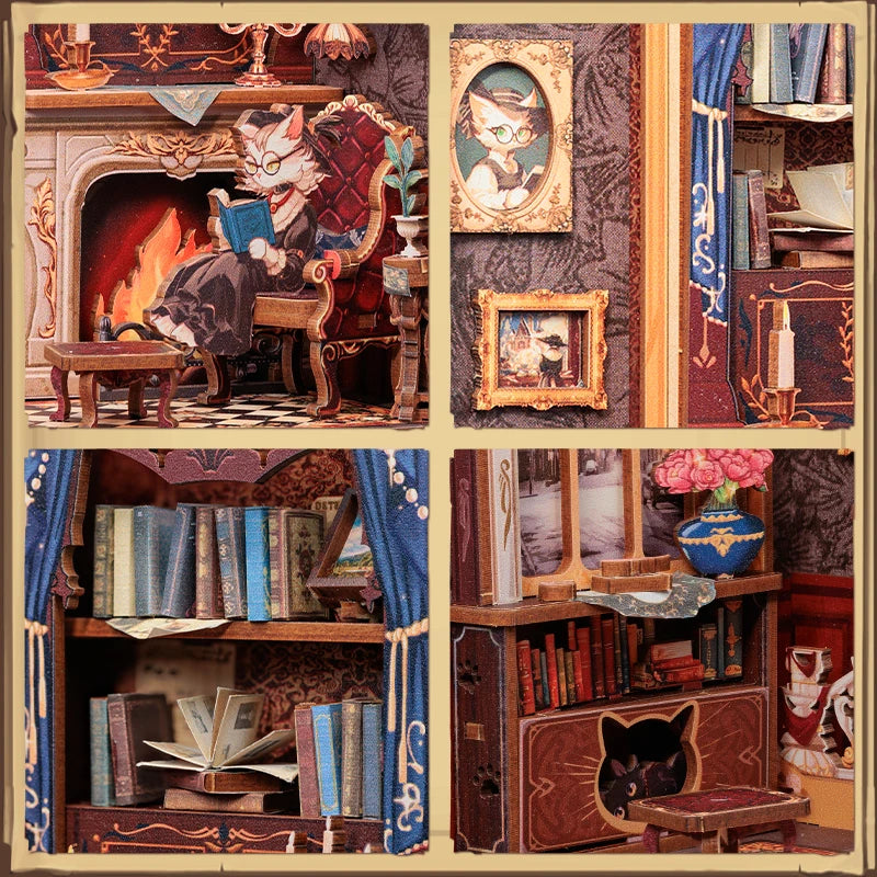 CUTEBEE 3D Puzzle DIY Book Nook Kit Wooden Dollhouse with Light Miniature Model Child Adult Toys for Count Cat's Study