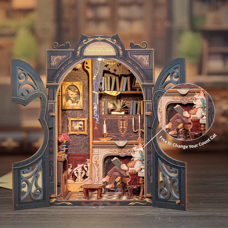 CUTEBEE 3D Puzzle DIY Book Nook Kit Wooden Dollhouse with Light Miniature Model Child Adult Toys for Count Cat's Study