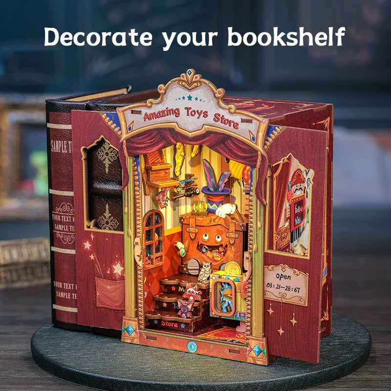 CUTEBEE Wooden 3D Puzzle DIY Book Nook Kit Miniature Dollhouse with Light Dust Cover Bookshelf Insert for Child Birthday Gift