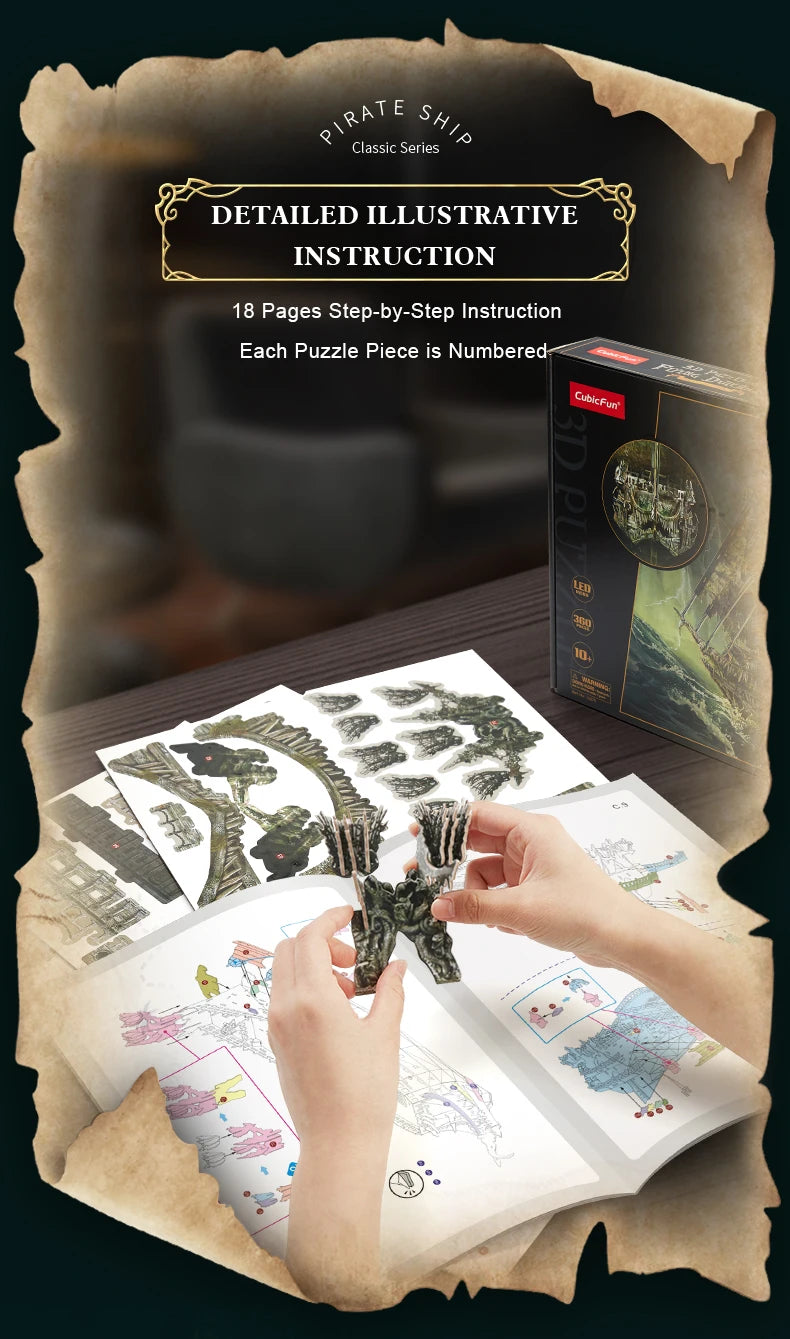 CubicFun 3D Puzzles Green LED Flying Dutchman Pirate Ship Model 360 Pieces Kits Lighting Building Ghost Sailboat Gifts for Adult