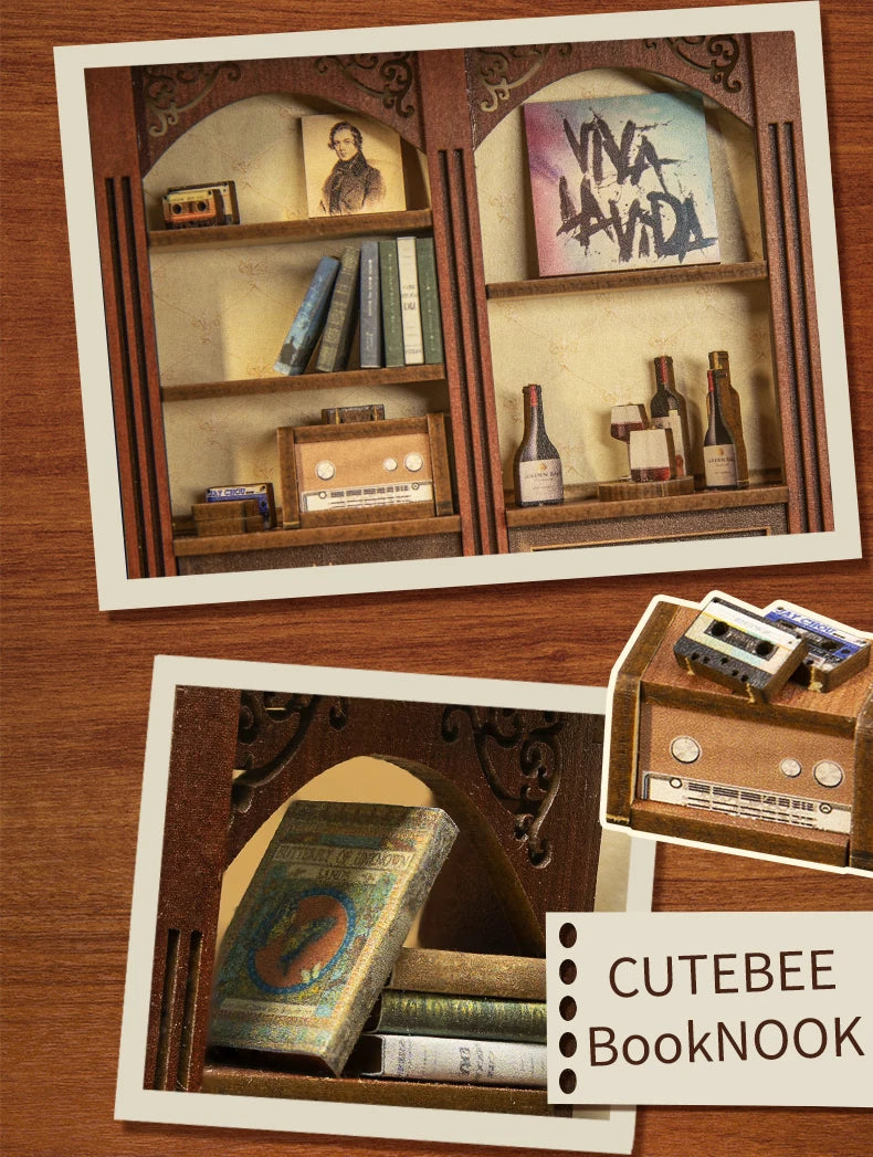 CUTEBEE Wooden Dollhouse Kit Miniature Doll House Kits Booknook Bookshelf Book Nook with Dust Cover Bookends Christmas Gift