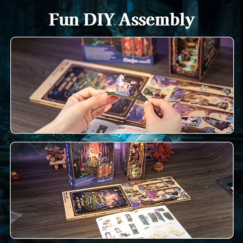 CUTEBEE Wooden 3D Puzzle DIY Book Nook Kit Miniature Dollhouse with Light Dust Cover Bookshelf Insert for Child Birthday Gift