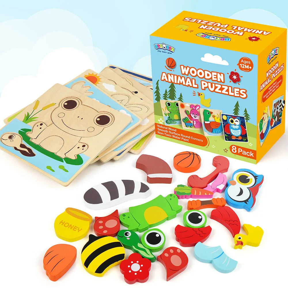 8 Pack Animal Wooden Puzzles Toys For Toddlers Boys Girls, Learning Educational Preschool Christmas Birthday Thanksgiving Gifts