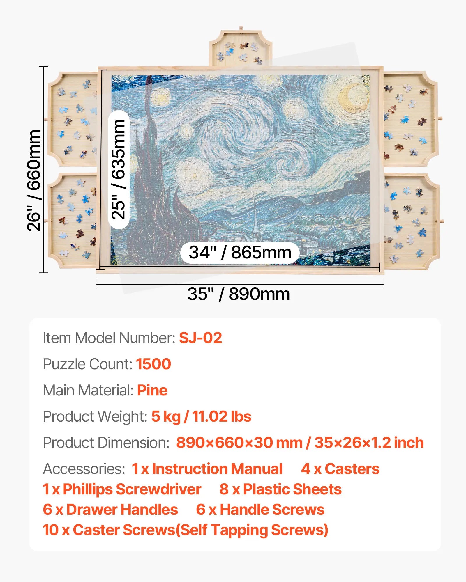 VEVOR 1500 Piece Rotating Puzzle Board with 5 Drawers and Cover Jigsaw Puzzle Wooden Table for Adults Puzzles Organizer