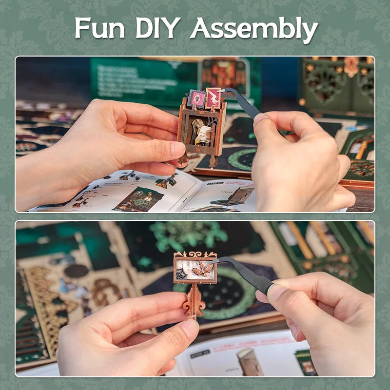 CUTEBEE Wooden 3D Puzzle DIY Book Nook Kit Miniature Dollhouse with Light Dust Cover Bookshelf Insert for Child Birthday Gift