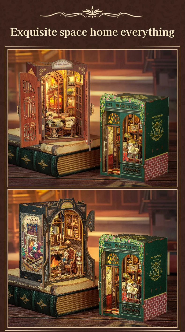 CUTEBEE DIY Book Nook Kit Miniature Dollhouse with Light Wooden Bookshelf Insert Retro Booknook Decor for Gifts Bookshop Series