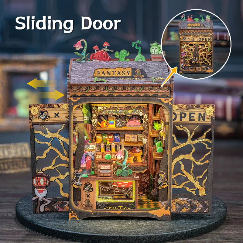 CUTEBEE Wooden 3D Puzzle DIY Book Nook Kit Miniature Dollhouse with Light Dust Cover Bookshelf Insert for Child Birthday Gift