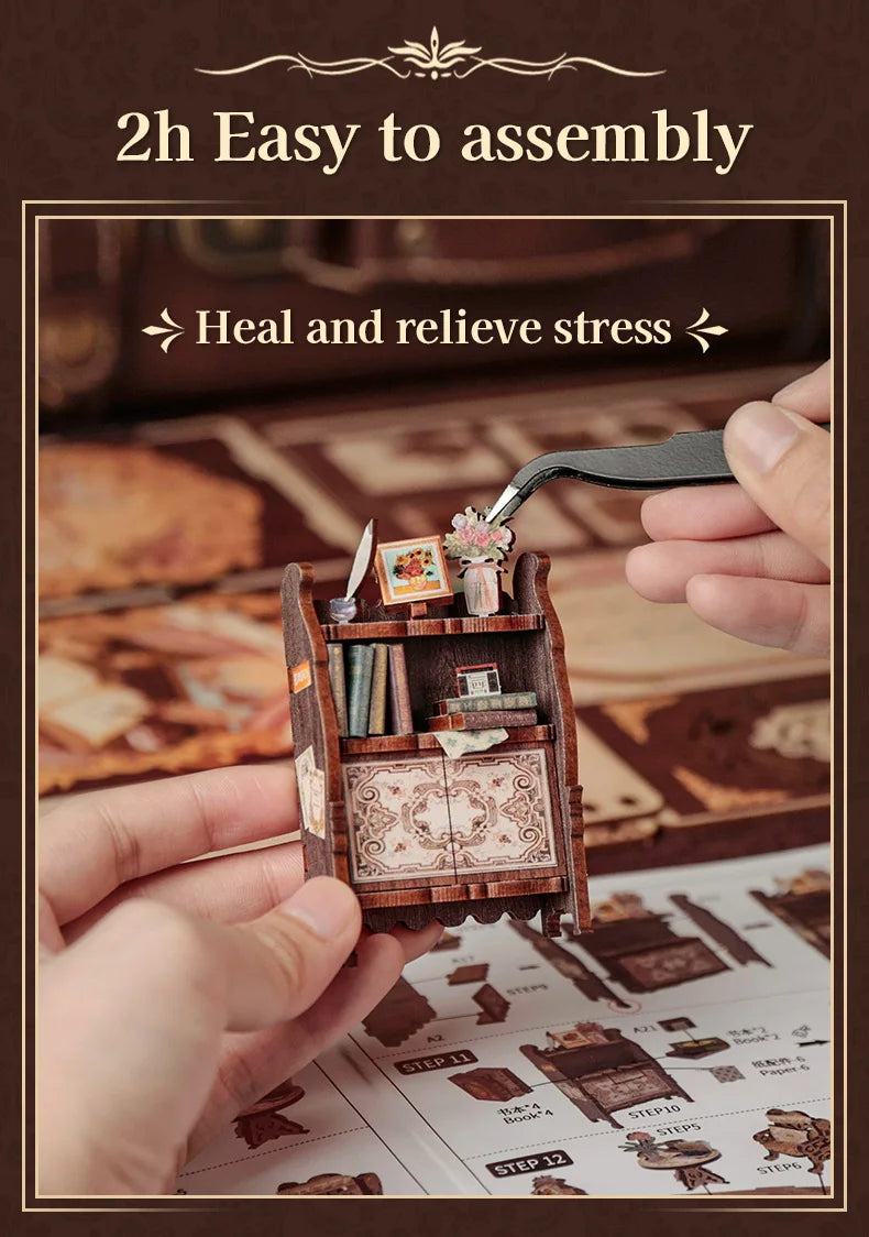 CUTEBEE DIY Book Nook Kit Miniature Dollhouse with Light Wooden Bookshelf Insert Retro Booknook Decor for Gifts Bookshop Series