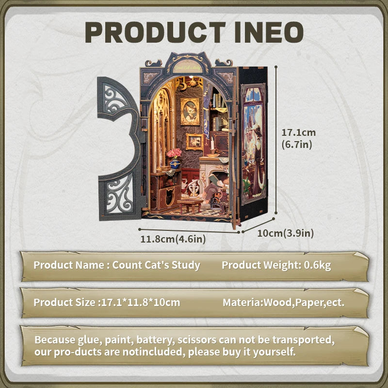 CUTEBEE 3D Puzzle DIY Book Nook Kit Wooden Dollhouse with Light Miniature Model Child Adult Toys for Count Cat's Study