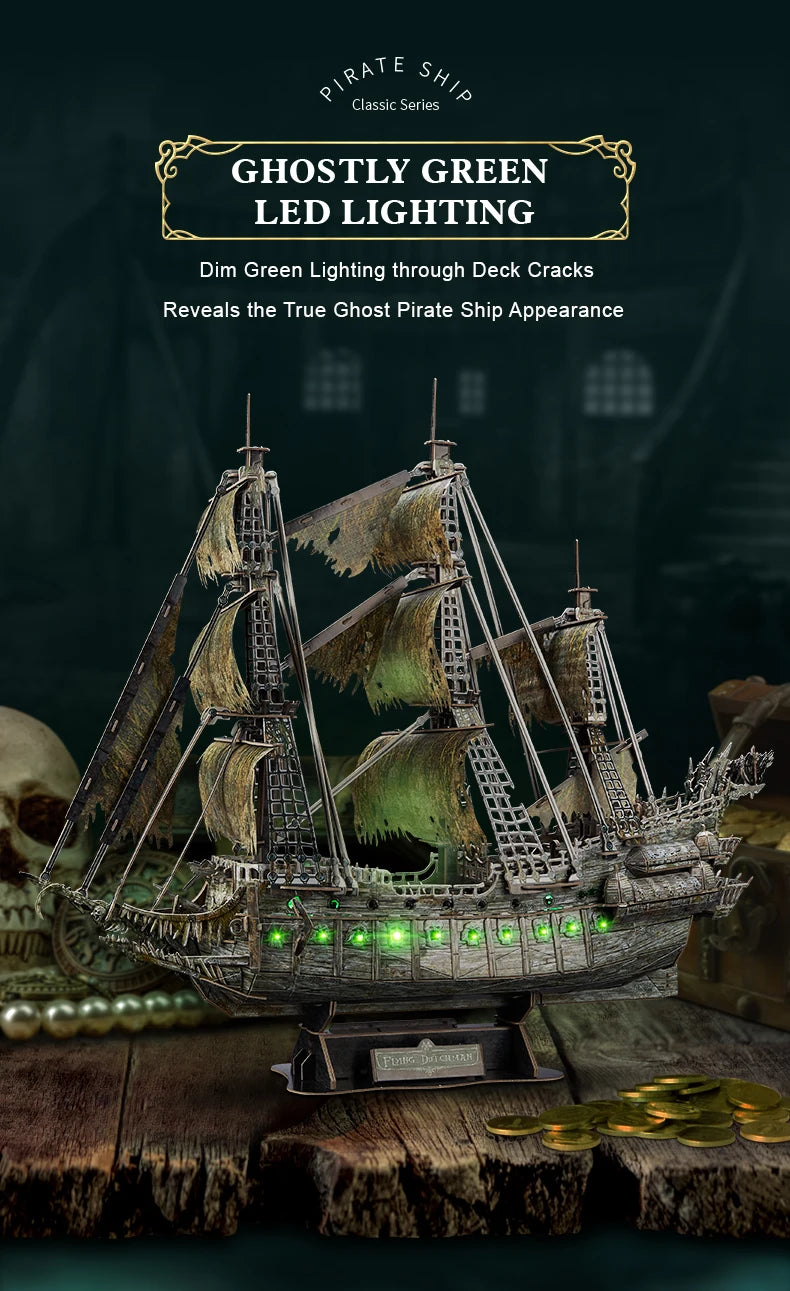 CubicFun 3D Puzzles Green LED Flying Dutchman Pirate Ship Model 360 Pieces Kits Lighting Building Ghost Sailboat Gifts for Adult