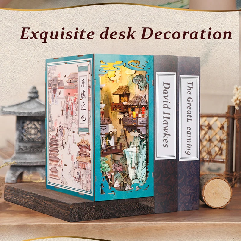 CUTEBEE Wooden Dollhouse Kit Miniature Doll House Kits Booknook Bookshelf Book Nook with Dust Cover Bookends Christmas Gift