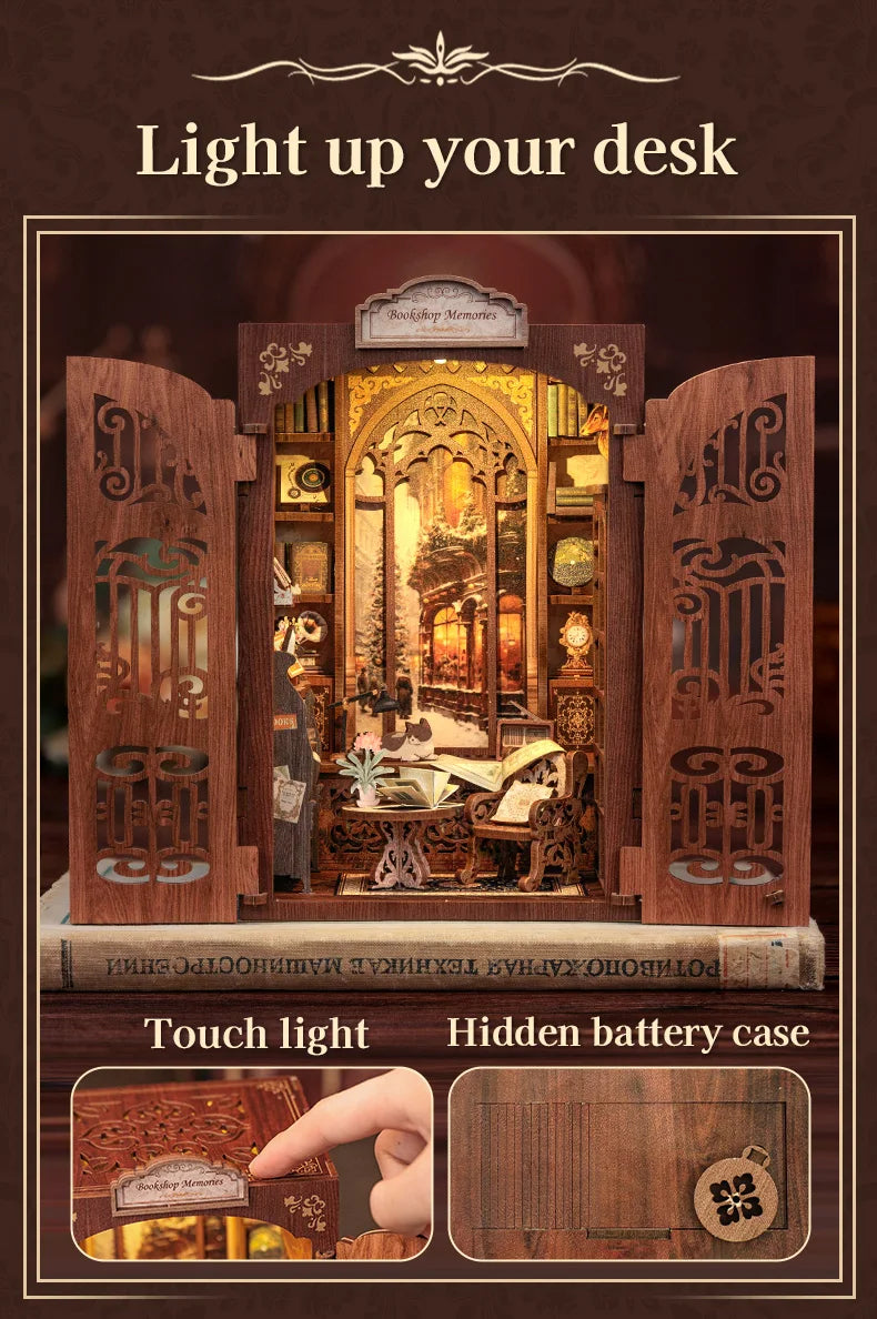 CUTEBEE DIY Book Nook Kit Miniature Dollhouse with Light Wooden Bookshelf Insert Retro Booknook Decor for Gifts Bookshop Series