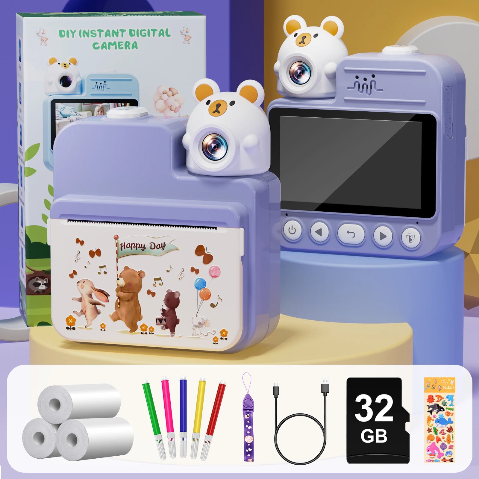 Gofunly 3.0'' Kids Instant Camera with 32G Card & 3 Print Paper, 1080P HD Kids Camera Instant Print for 6-12 Years