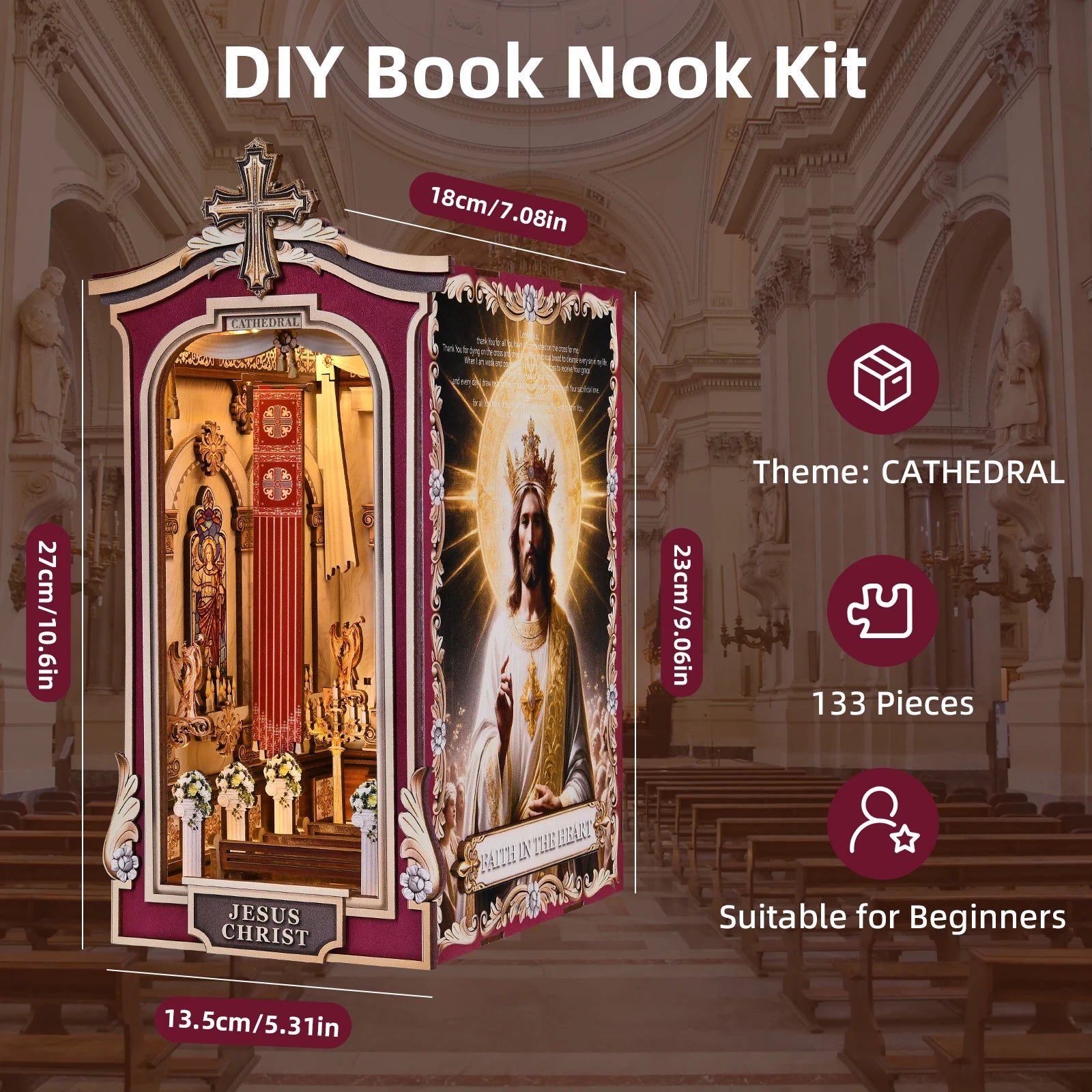 Book Nook Kit Cathedral DIY 3D Puzzle Classic Wooden Nativity Scene Ornament Bookshelf Dollhouse Model Bookend Building Home Dec