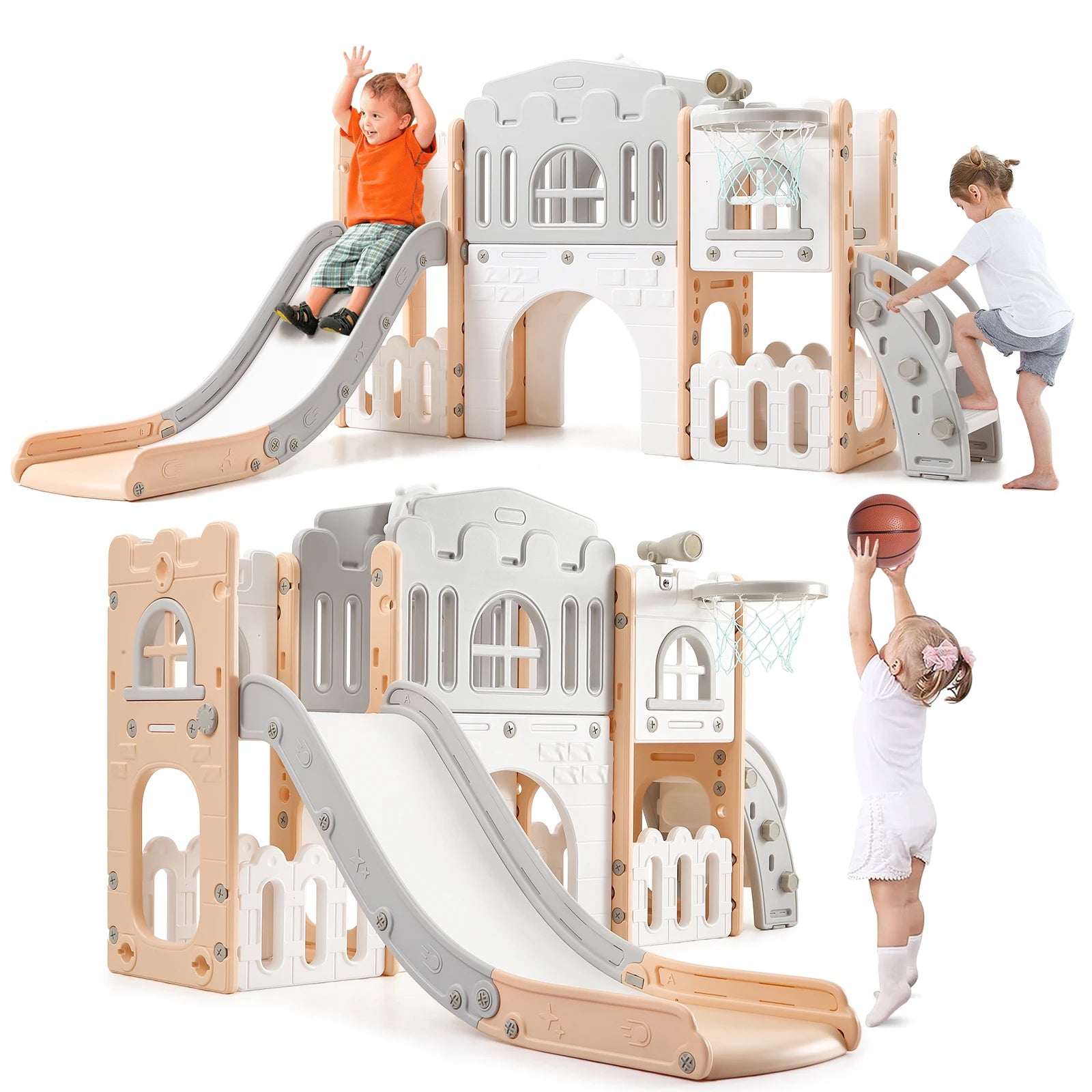8 in 1 Toddler Slide Indoor Playground, Indoor Slide Toddler Playset for Toddlers  Kids Outdoor Playground with Basketball Hoop,