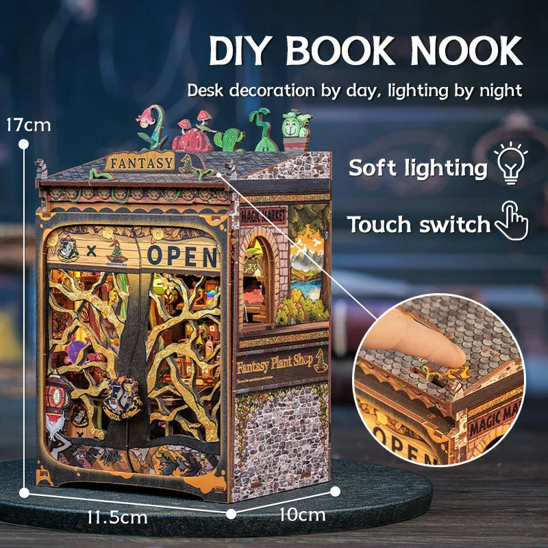 CUTEBEE Wooden 3D Puzzle DIY Book Nook Kit Miniature Dollhouse with Light Dust Cover Bookshelf Insert for Child Birthday Gift