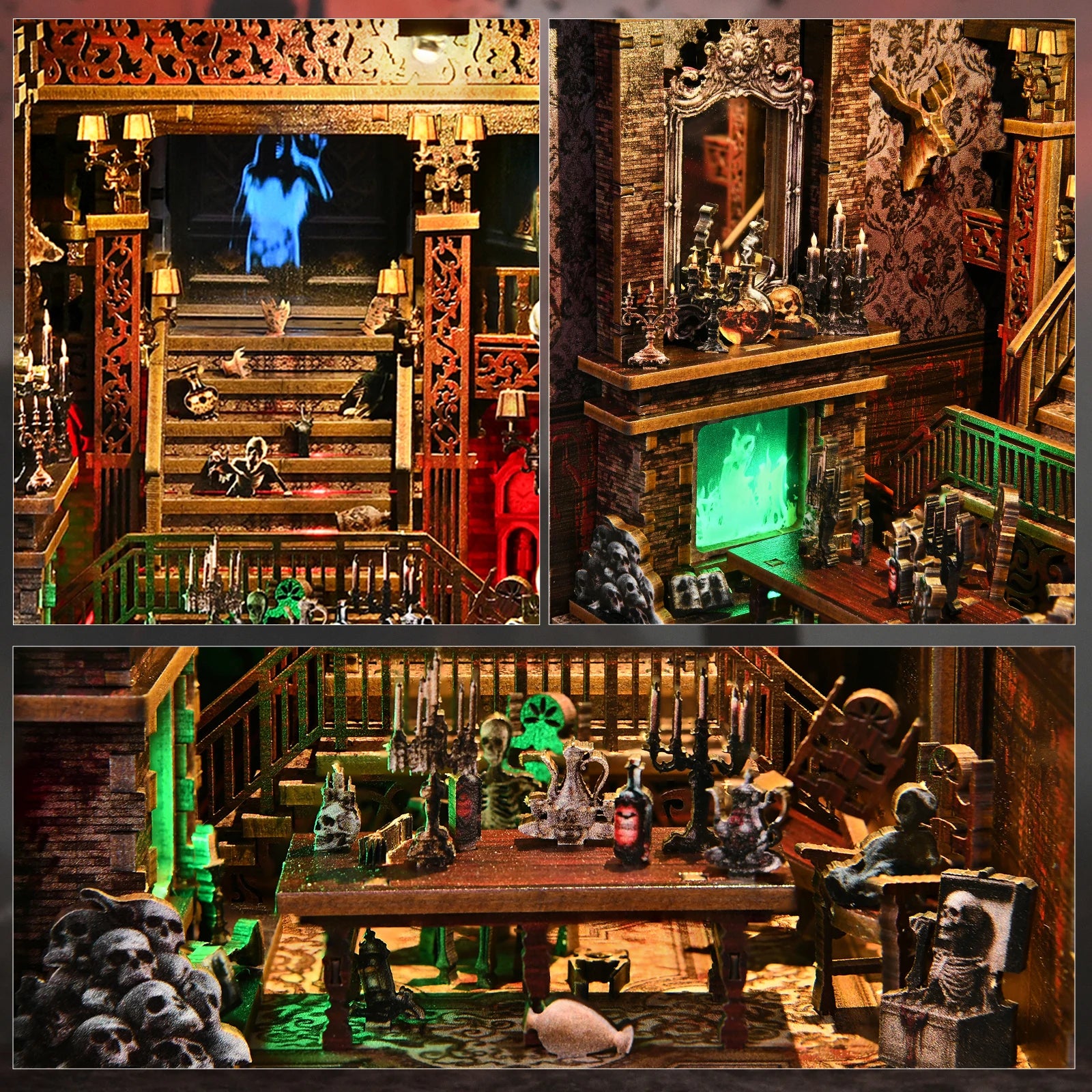 Book Nook Kit Haunted Hotel Halloween 3D DIY Wooden Puzzle Handmade Bookshelf Dollhouse Model Bookend Building Home Decoration