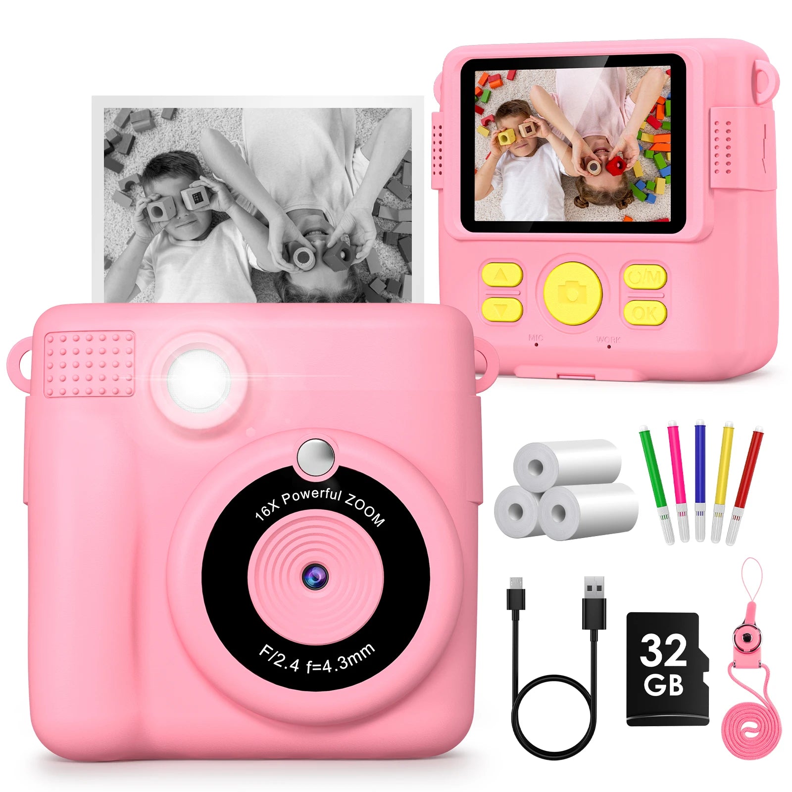 Kids Digital Camera 1080P HD Instant Print Camera Portable Camera Toy with 32GB Card Gift For Boys Girls 3-12