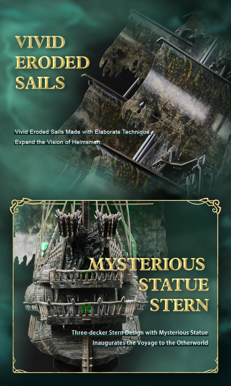 CubicFun 3D Puzzles Green LED Flying Dutchman Pirate Ship Model 360 Pieces Kits Lighting Building Ghost Sailboat Gifts for Adult