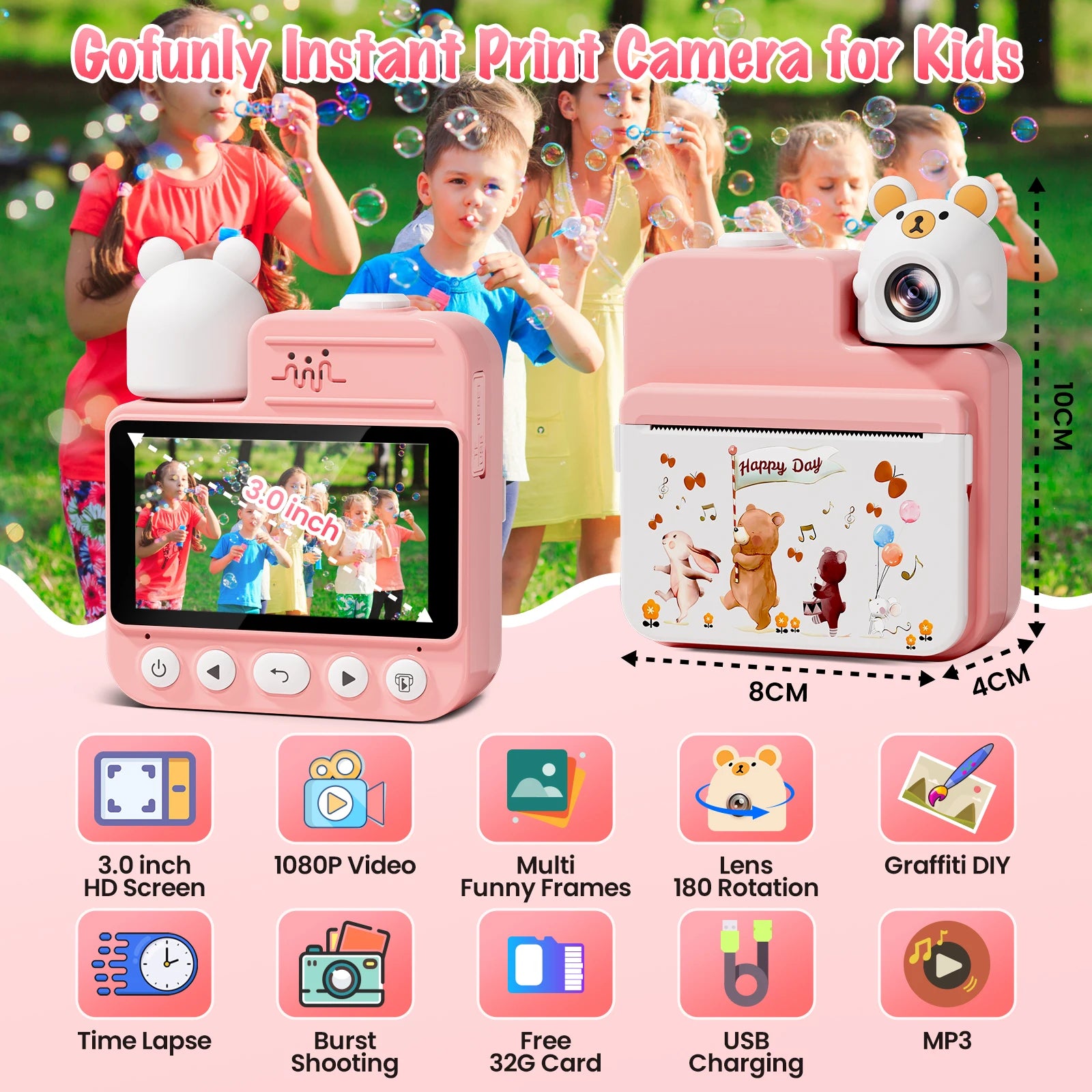 Gofunly 3.0'' Kids Instant Camera with 32G Card & 3 Print Paper, 1080P HD Kids Camera Instant Print for 6-12 Years