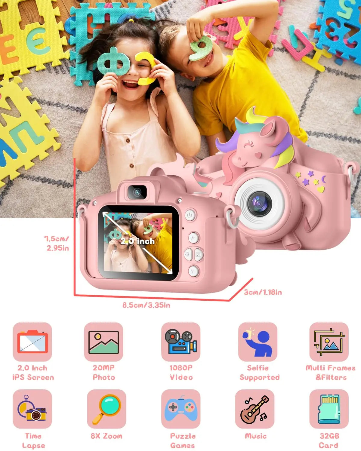 2.0" Kid's Camera 20MP 1080P HD Toddle Selfie Camera Cute Cartoon Digital Cmaera Toy With 32GB Card Gift For Girls & Boys