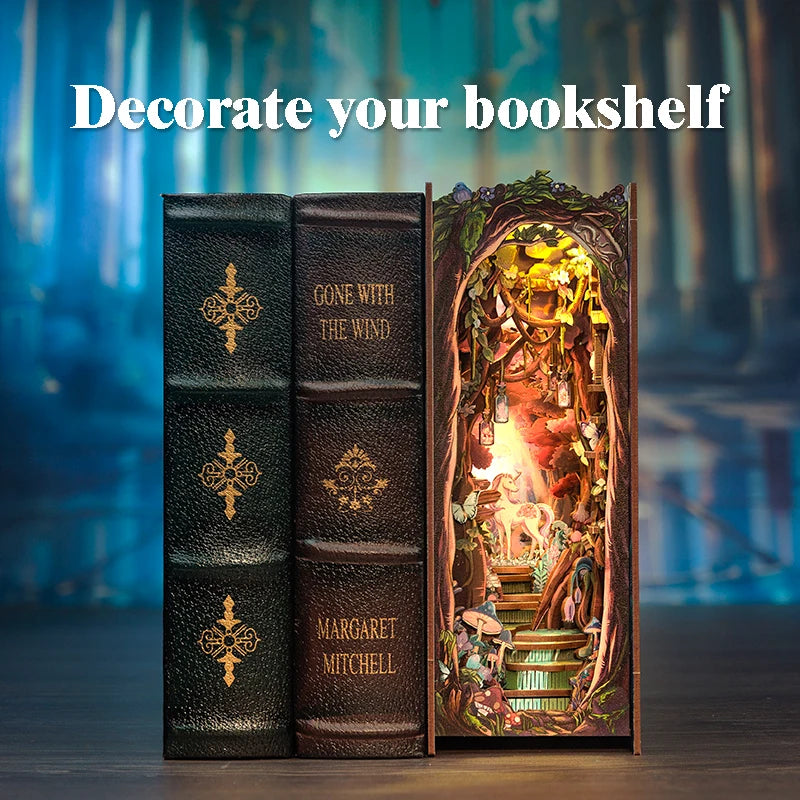 CUTEBEE Wooden 3D Puzzle DIY Book Nook Kit Miniature Dollhouse with Light Dust Cover Bookshelf Insert for Child Birthday Gift
