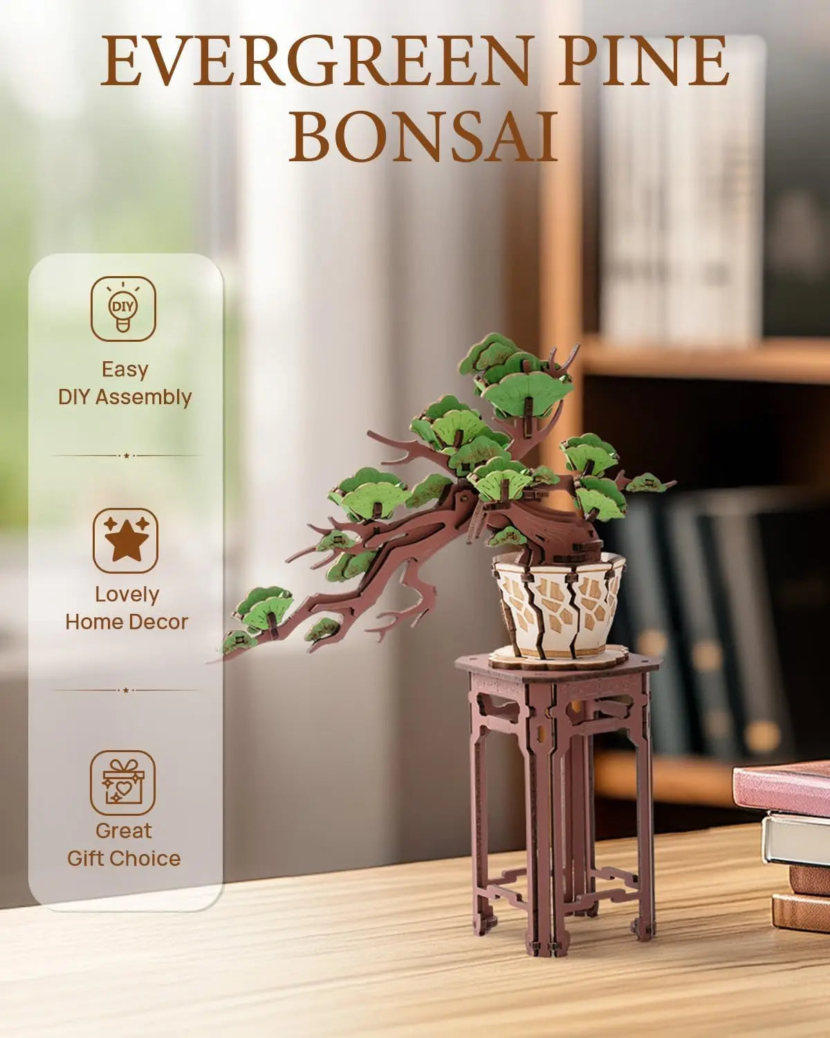 Robotime Rolife 3D Wooden Sakura Bonsai Puzzle Easy Assembly Evergreen Pine Bonsai Kit Christmas Gift for Family Home Decoration