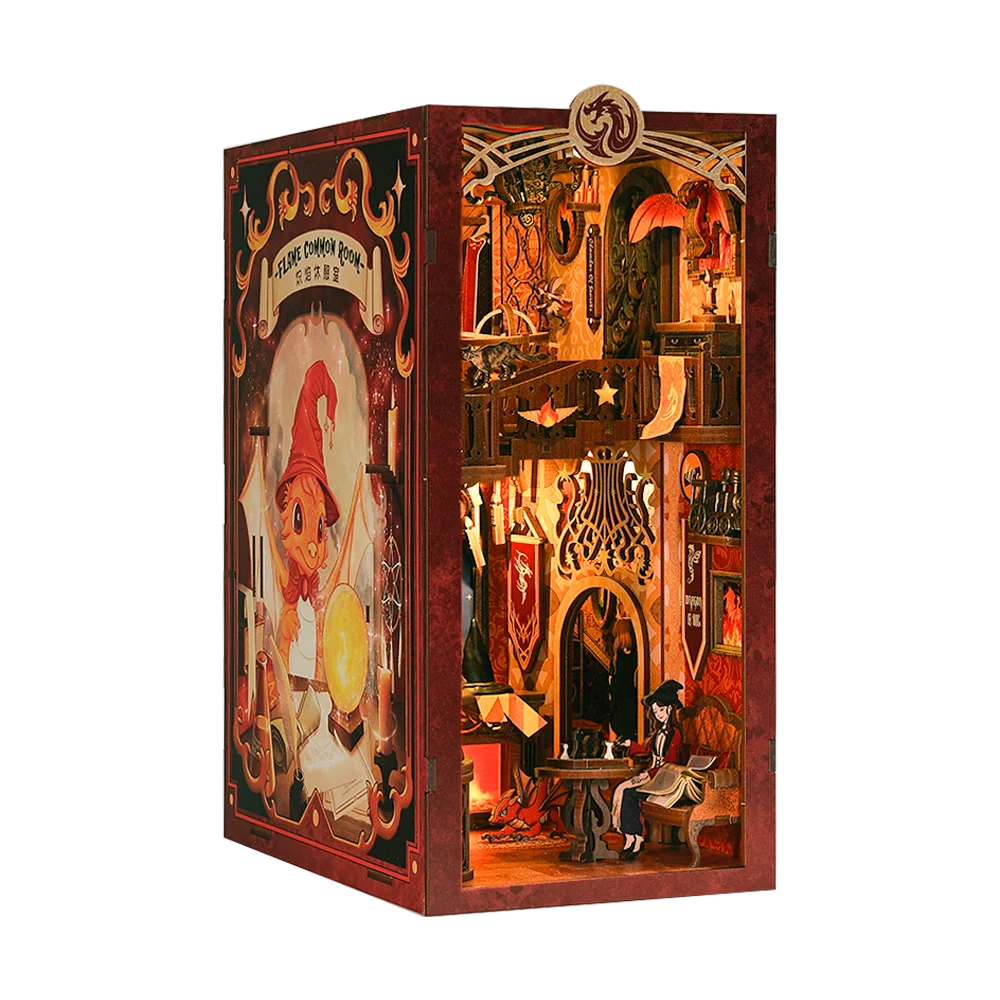 CUTEBEE Book Nook Doll House 3D Puzzle With Touch Light Dust Cover Magic Gift Ideas Bookshelf Insert Toy Gifts Flame Common Room