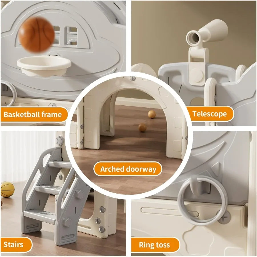 Kids Playground, Toddler Slide Playset w/Climber, Basketball Hoop, Tunnel, Ring Toss Game & Storage Space, Toddler Toys Outdoor
