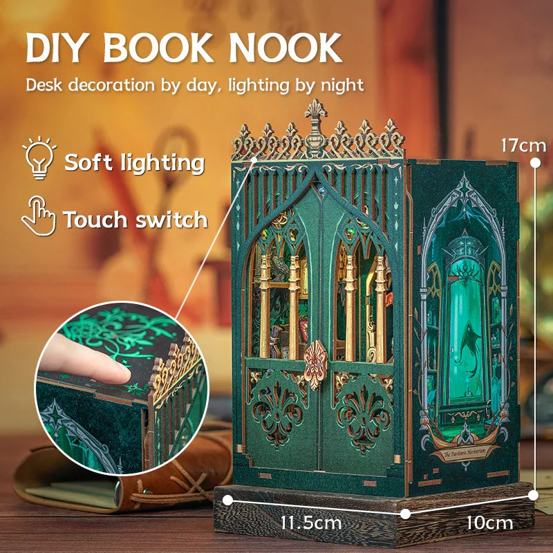 CUTEBEE Wooden 3D Puzzle DIY Book Nook Kit Miniature Dollhouse with Light Dust Cover Bookshelf Insert for Child Birthday Gift