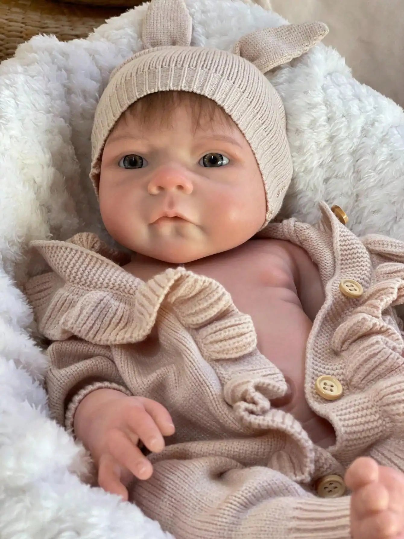 Saskia 18 Inch Solid Silicone Reborn Doll Handmade 3D Artist Painted Vivid Newborn Rooted Hair Girl With Rabbit Hat Collectible